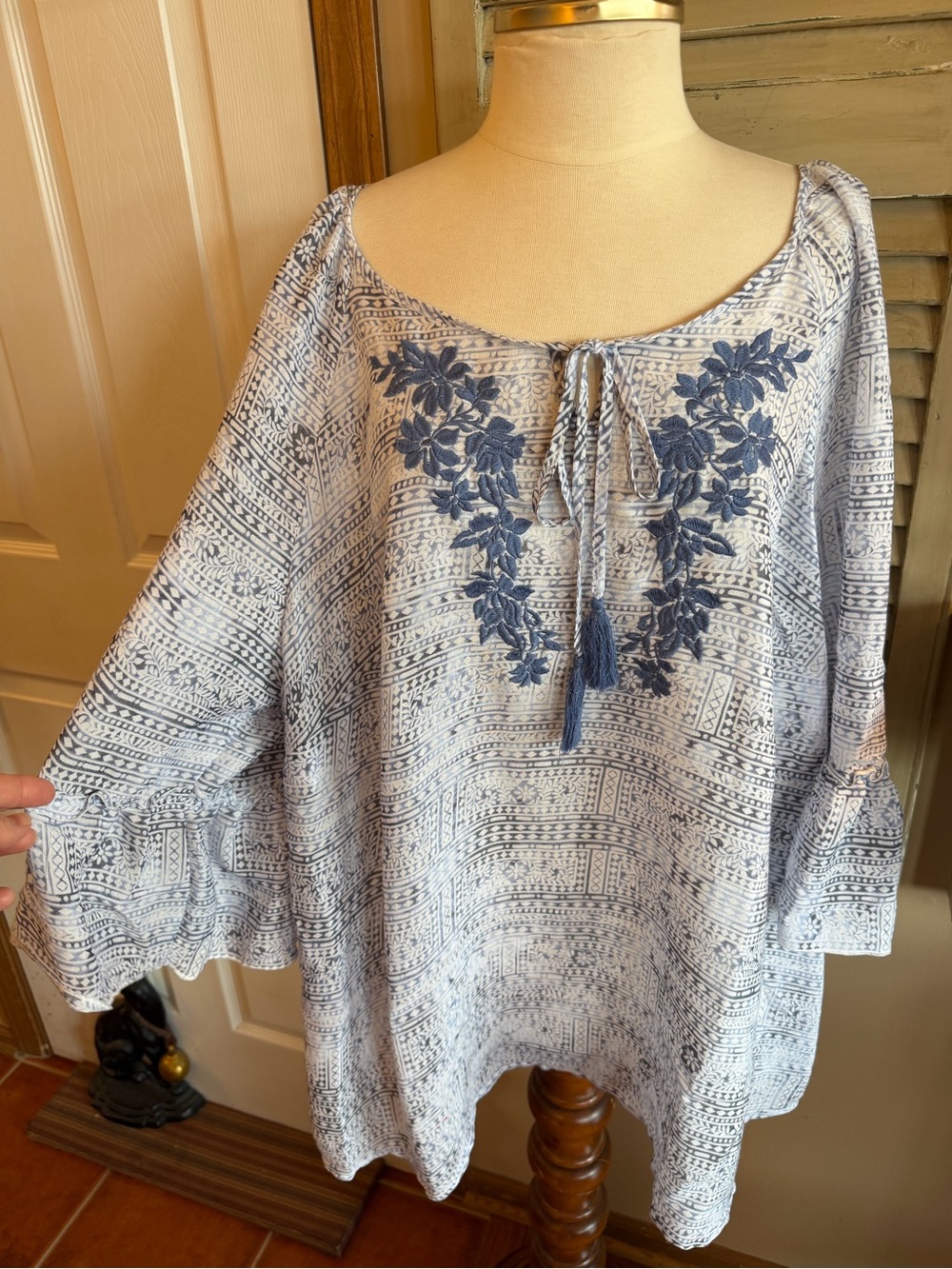 Catherines White Tunic with Blue Floral Embroidery